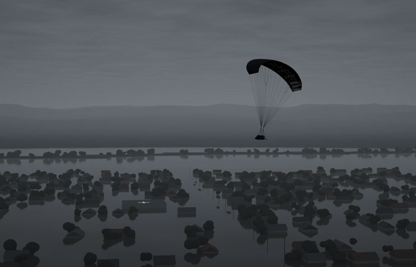 Disaster response: StratoDrop on final approach to dry high ground above a flooded town.