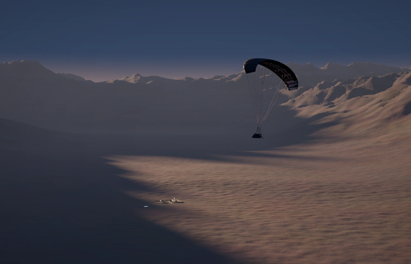 Contested logistics: StratoDrop under its paraglider at dusk, descending over mountains toward a small forward position in a valley.