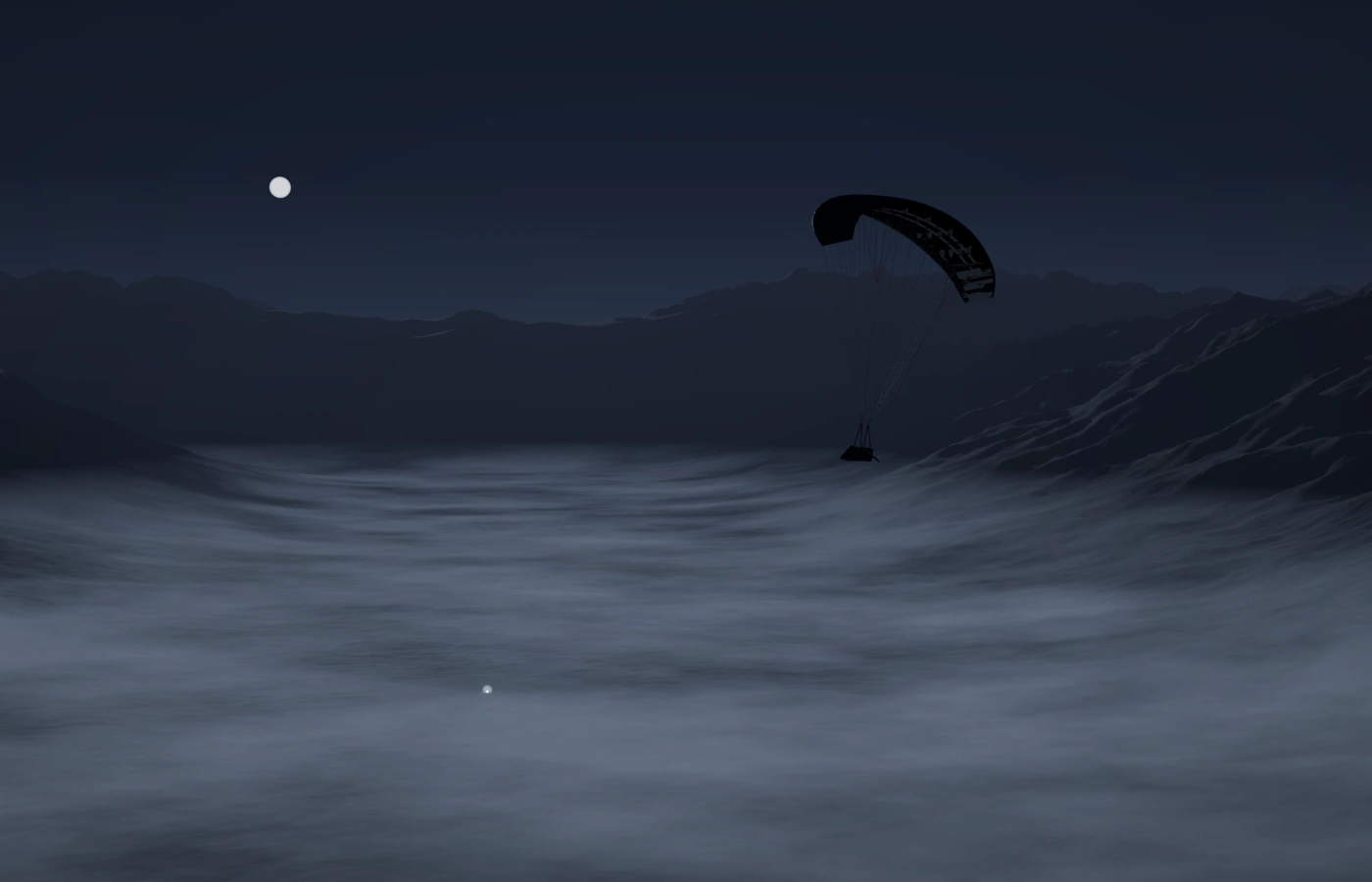 Special operations: StratoDrop at night, high above dark ridgelines, heading for a faint marker in the valley.